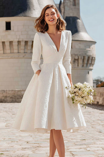 Ivory V-Neck Jacquard A-Line Midi Engagement Dress